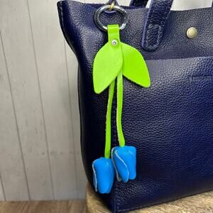 Leather Bright Blue Tulip Purse Charm Genuine Leather Tulip Flower Bag Charm